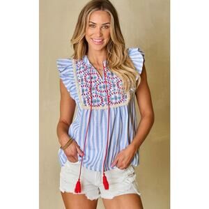 LoveBug Boutique Top Blouse XL Blue Stripe Thin Embroidered Tassel Boho Coastal